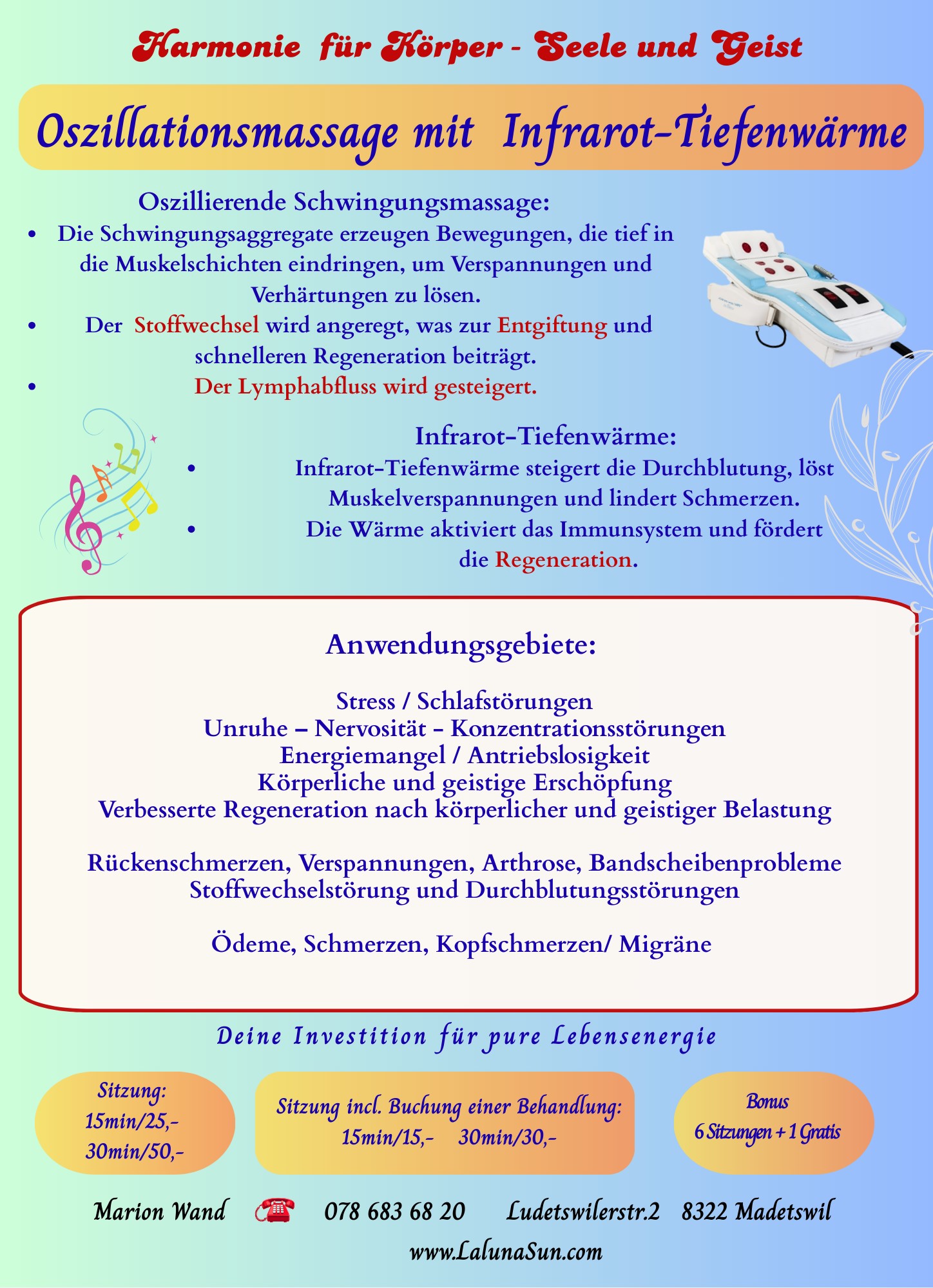 Im Anschluss an die URSA Behandlung ist es möglich eine Oszillationsmassage incl. Infrarot-Tiefenwärme & speziellen Audio-Frequenzen dazu zubuchen, um die Effektivität zu erhöhen.